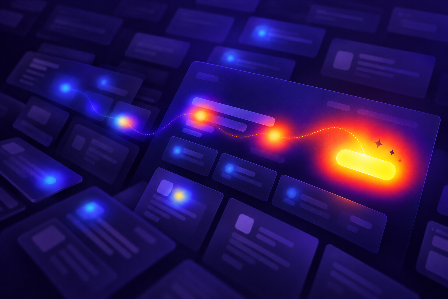 Concept artwork showing attention moving through a dark interface toward a highlighted action